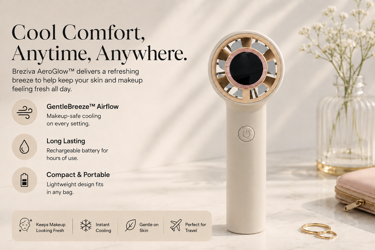 Breziva AeroGlow portable handheld cooling fan for summer heat and makeup touch-ups