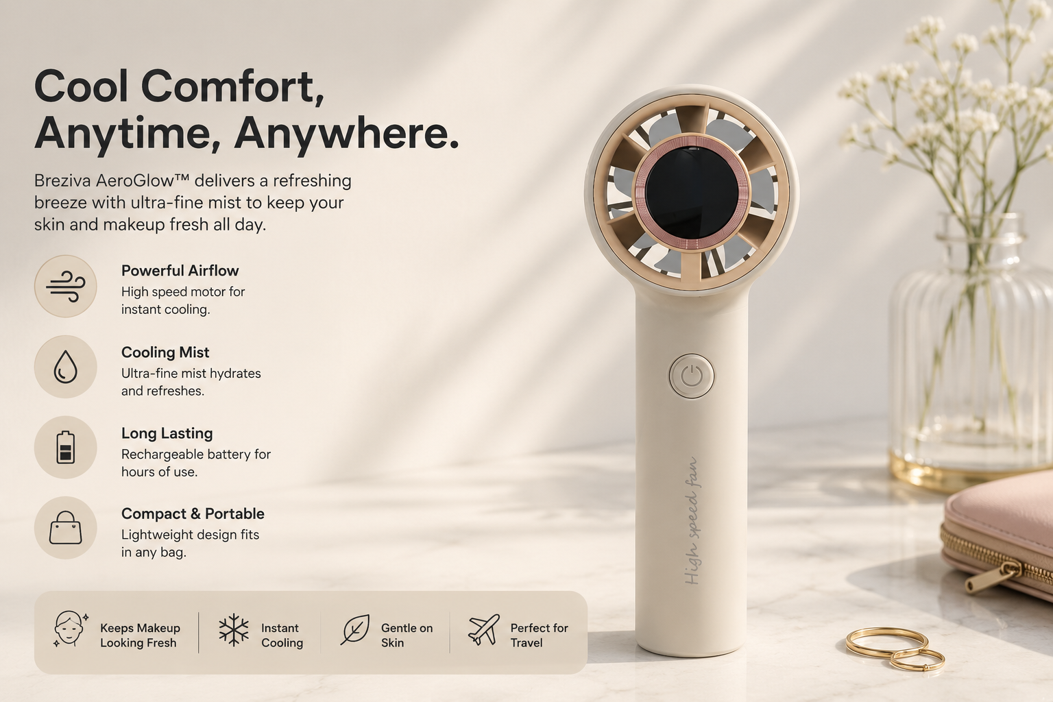 Breziva AeroGlow handheld cooling fan with digital display